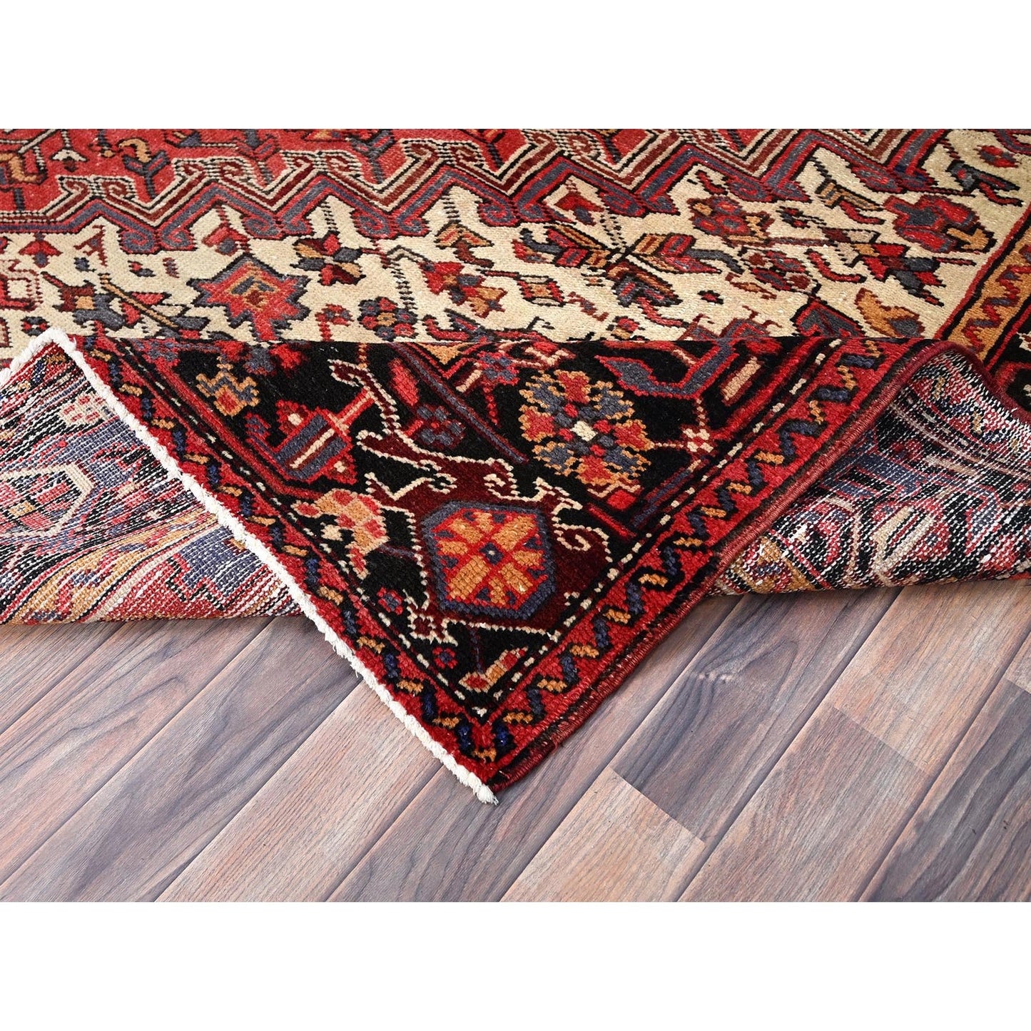 8'3"X12' Red And Ivory Spandrels Shiny Wool Hand Knotted Zoroastrian Rug
