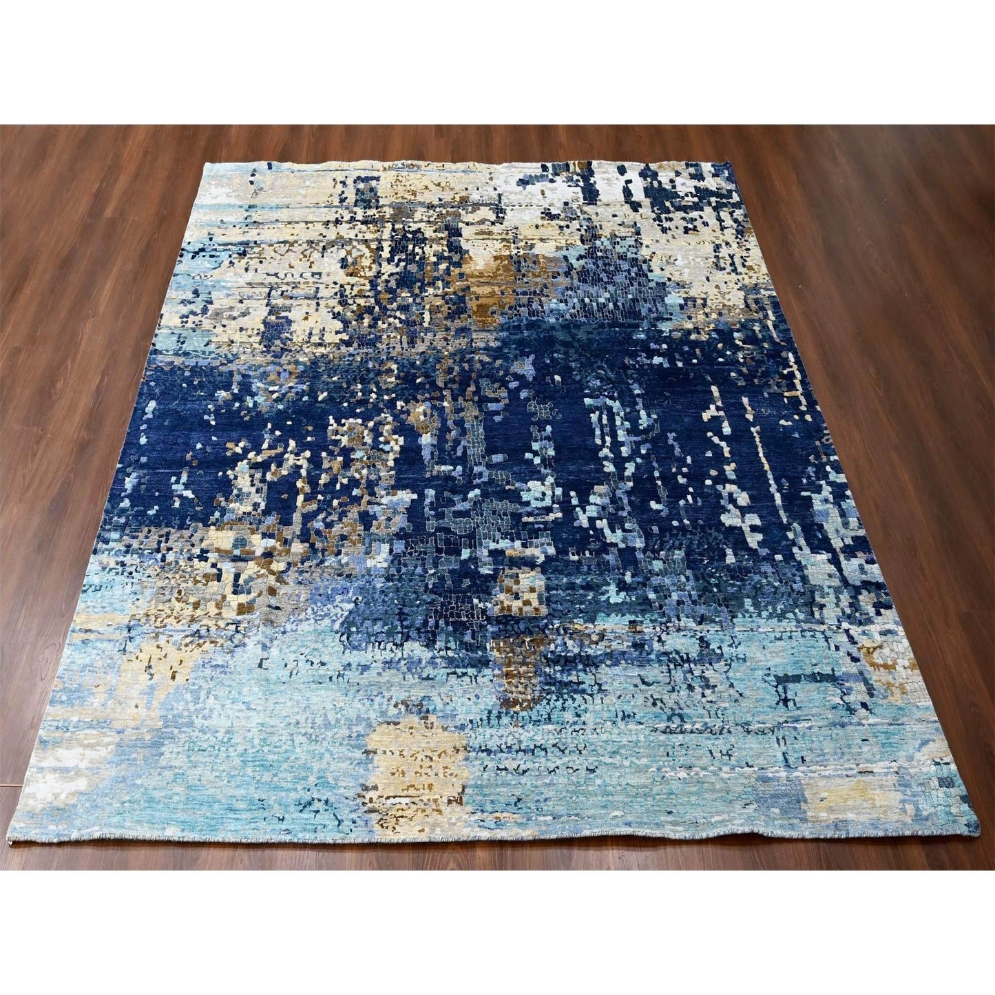 9'10"X9'10" Blue Mosaic Design Wool And Silk Hand Knotted Square Rug