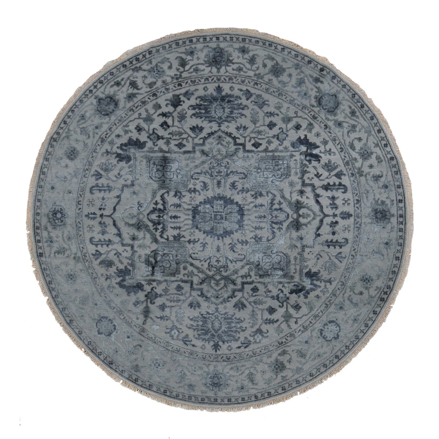 10'X10' Gray Heris Design Wool And Silk Hand Knotted Round Rug