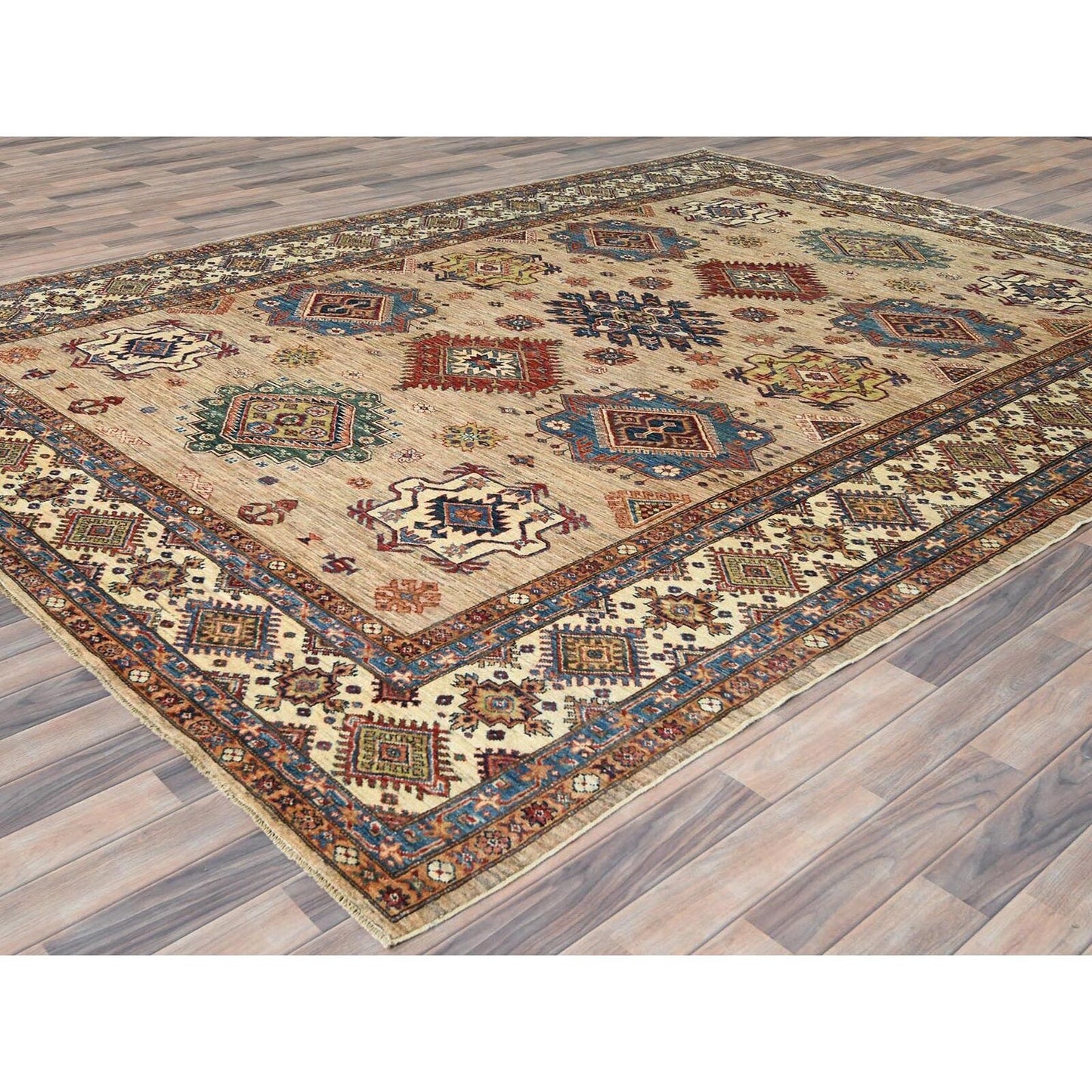 9'X12' Honey Brown Pure Wool Hand Knotted Afghan Super Kazak Rug