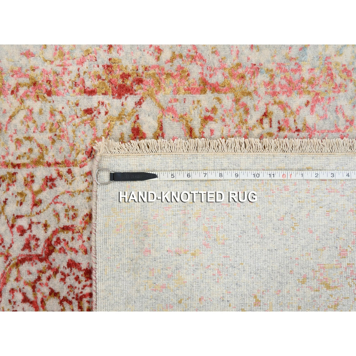 4'2"x10' Farsian Design Wool and Silk Hand Knotted Ivory Wide Runner Rug