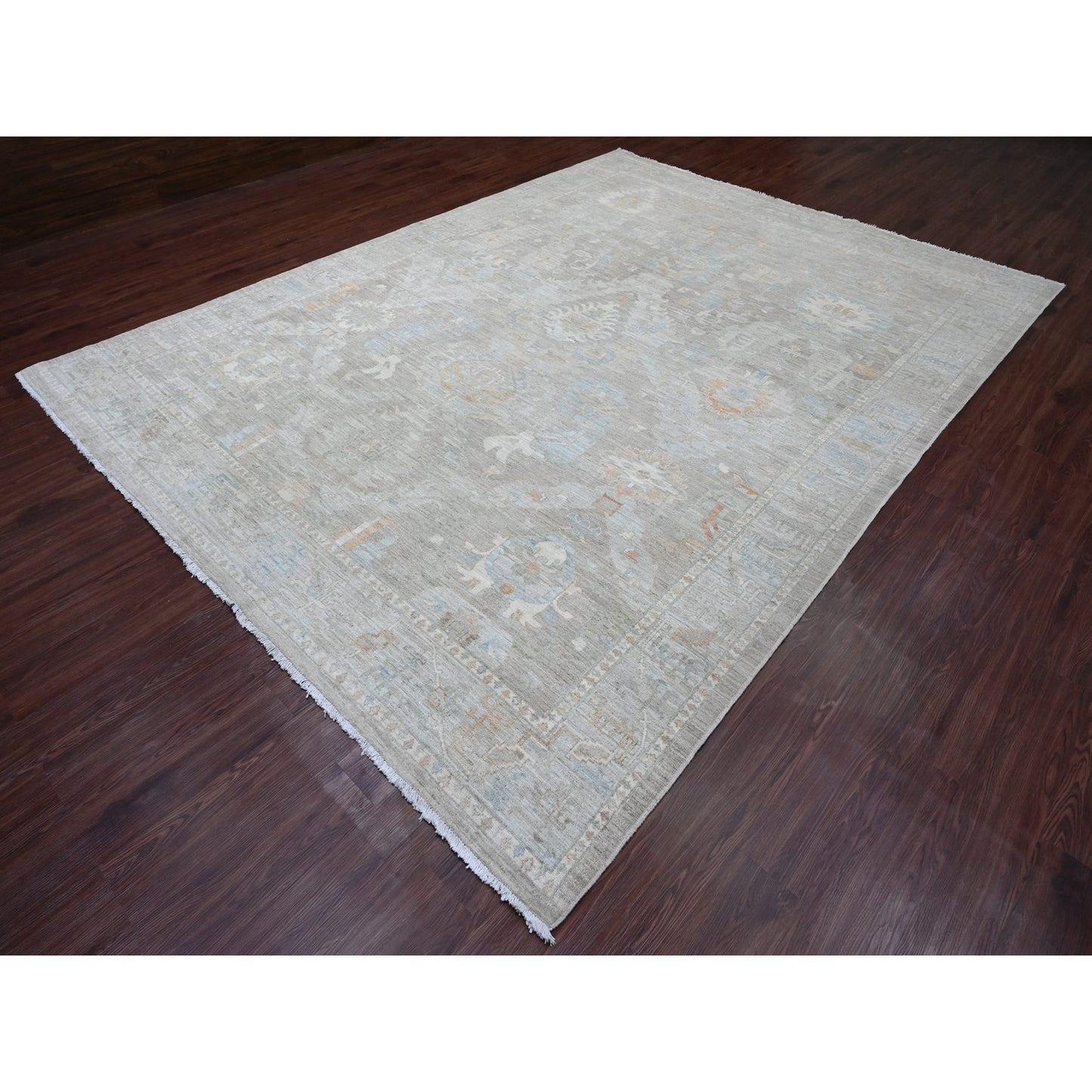 9'X12' Nickel Gray Antiqued Peshawar Mahal Design Hand Knotted Wool Rug
