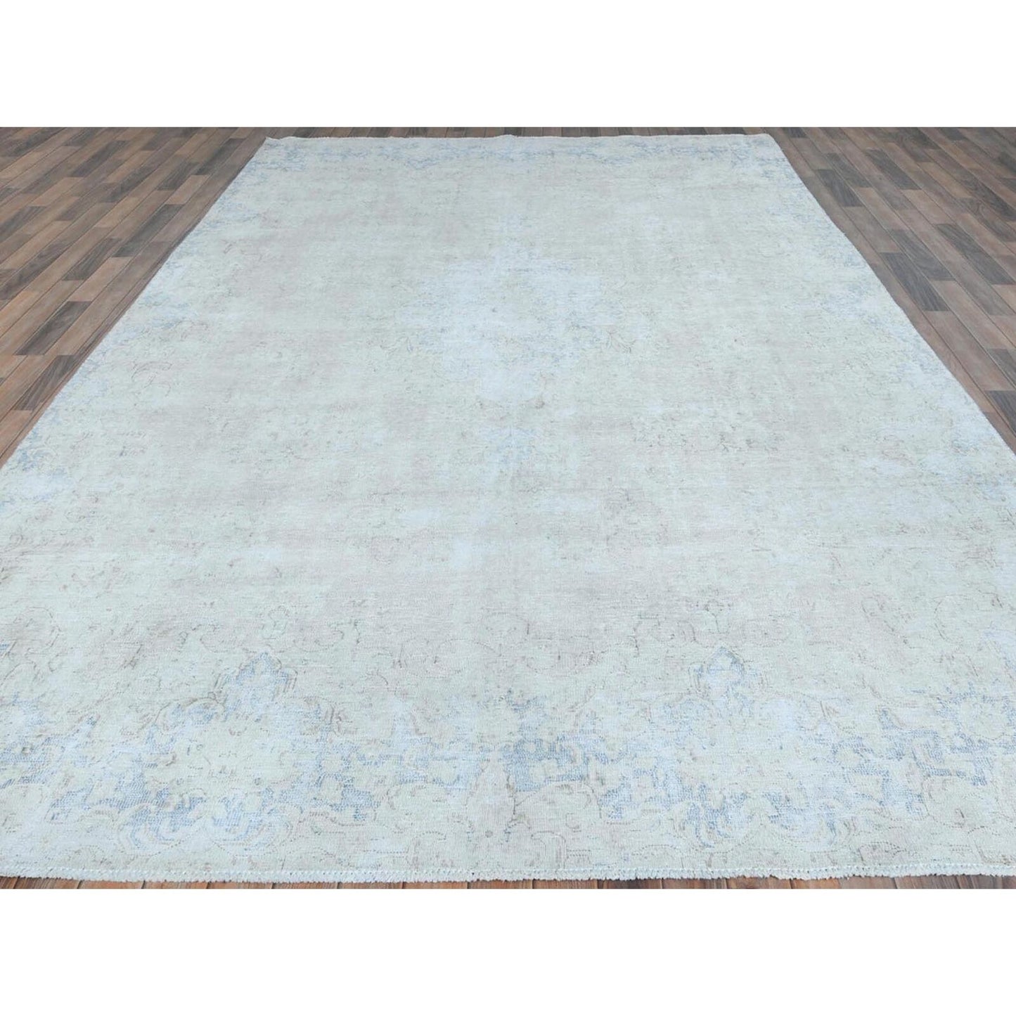 8'2"X13' Ivory Old Farsian Karman Hand Knotted Wool Distressed Look Rug