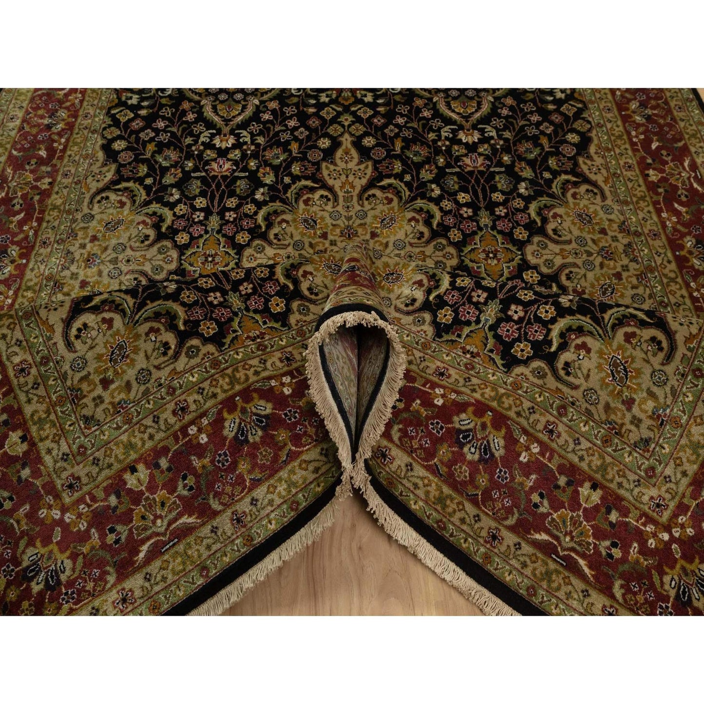 6'X9'1" Black Kishoon Revival New Zealand Wool Hand Knotted Oriental Rug