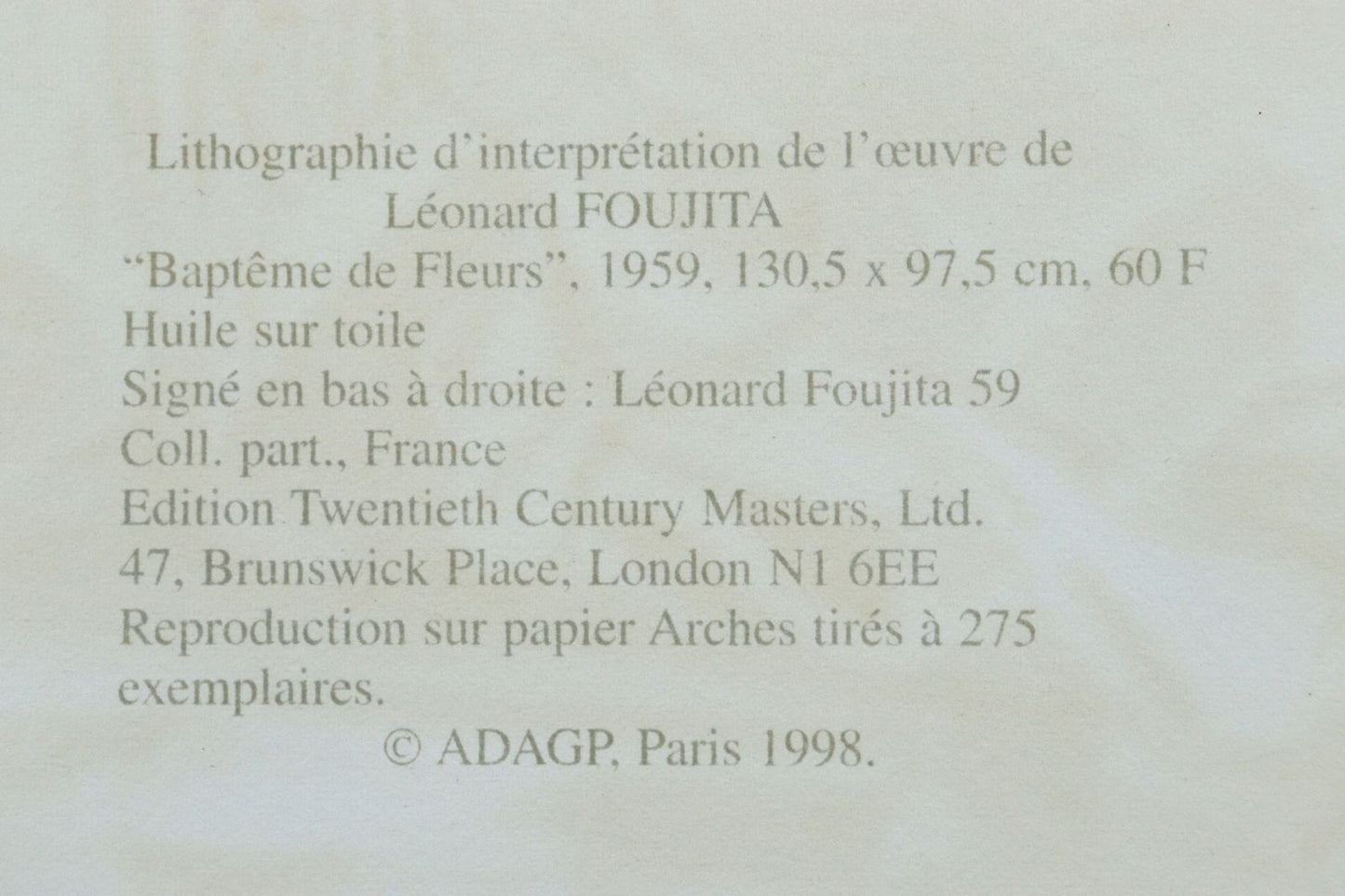 Foujita Baptme De Fleurs Lithograph 1998 Adagp Ed.147/275 Framed