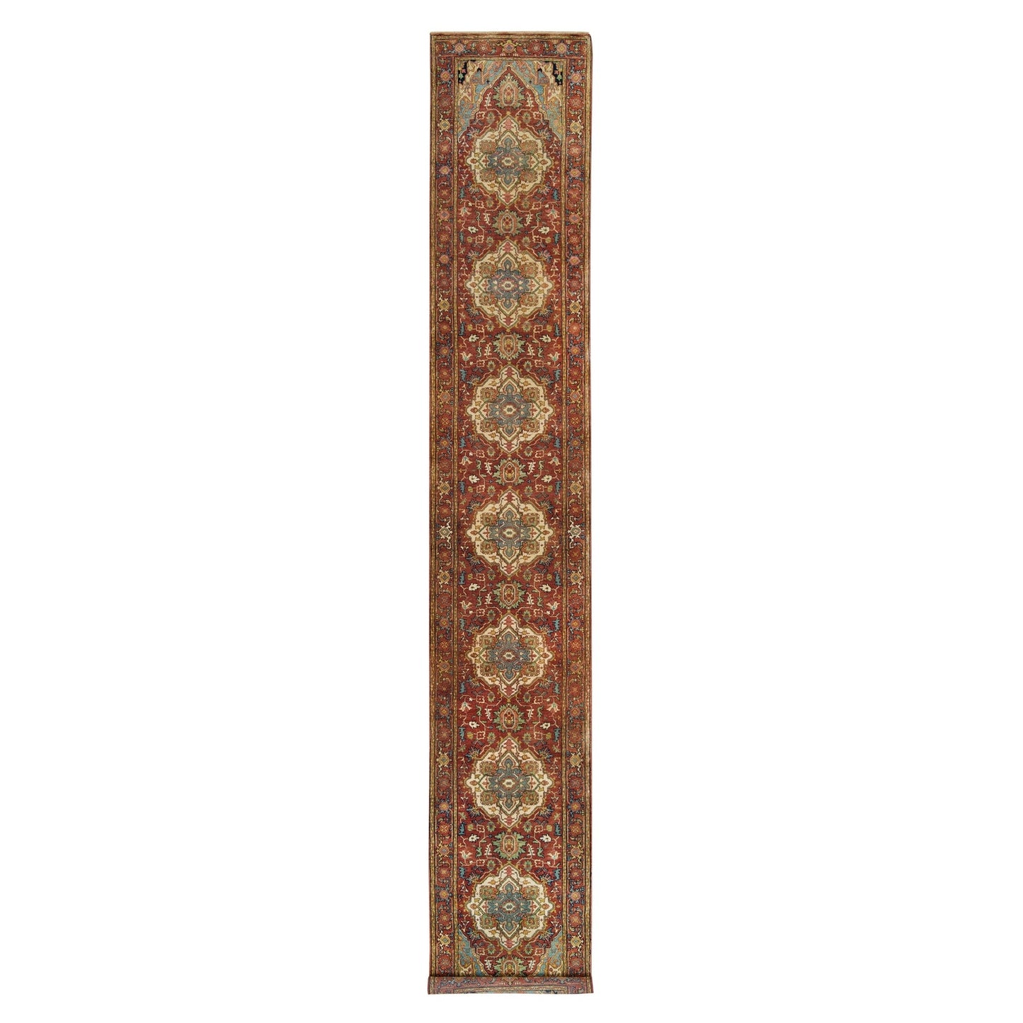 2'7"X16'2" Red Hand Knotted Heris Re-Creation Soft Wool Xl Runner Rug