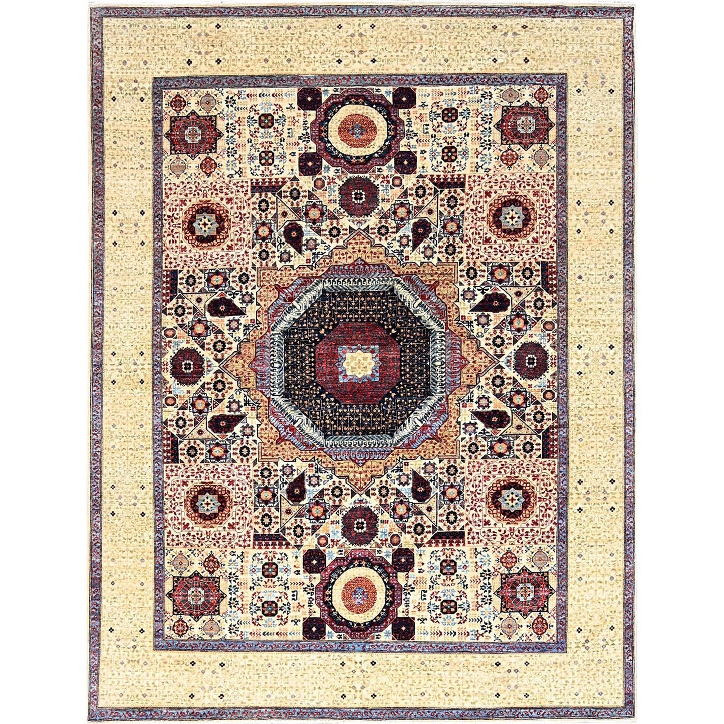 7'9"X10' Ivory Pure Wool Hand Knotted Mamluk Design 200 Kpsi Rug