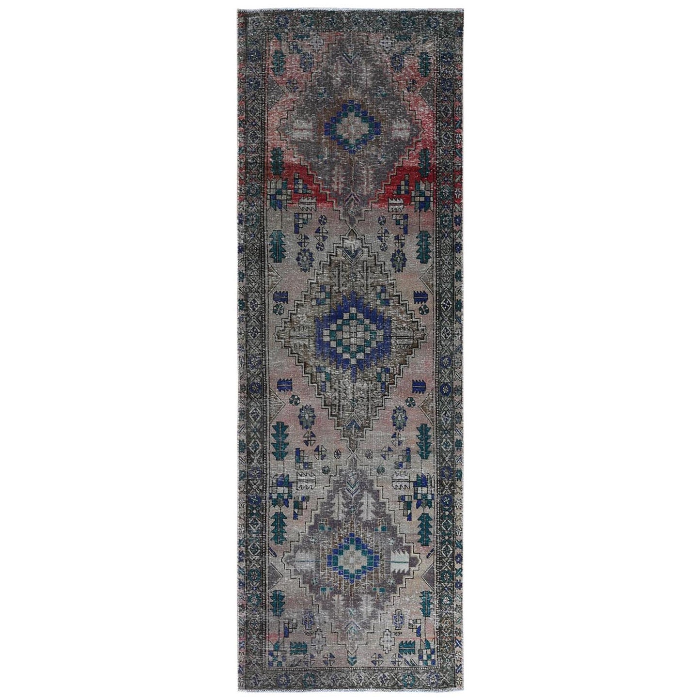 3'8"X11'2" Farsian Amadan Gray Hand Knotted Worn Wool Runner Rug
