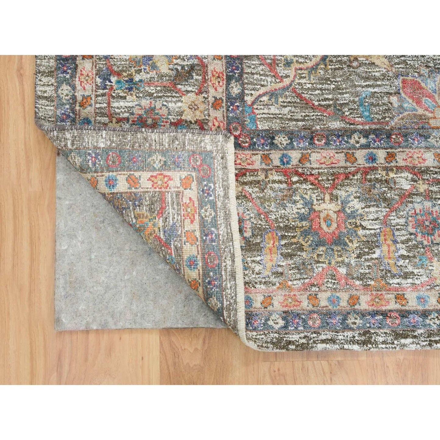 8'X10'1" Taupe Hand Knotted Striae Pattern Silk Textured Wool Rug
