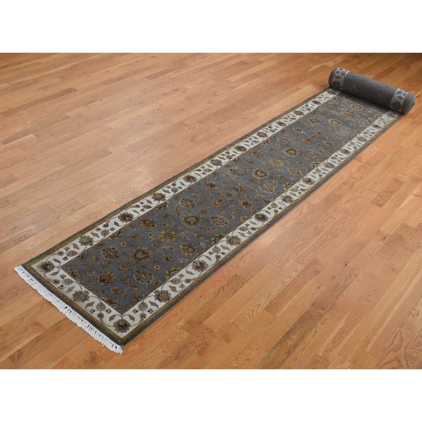 2'6"X20' Gray Rajasthan Design Wool And Silk Hand Knotted Xl Runner Rug