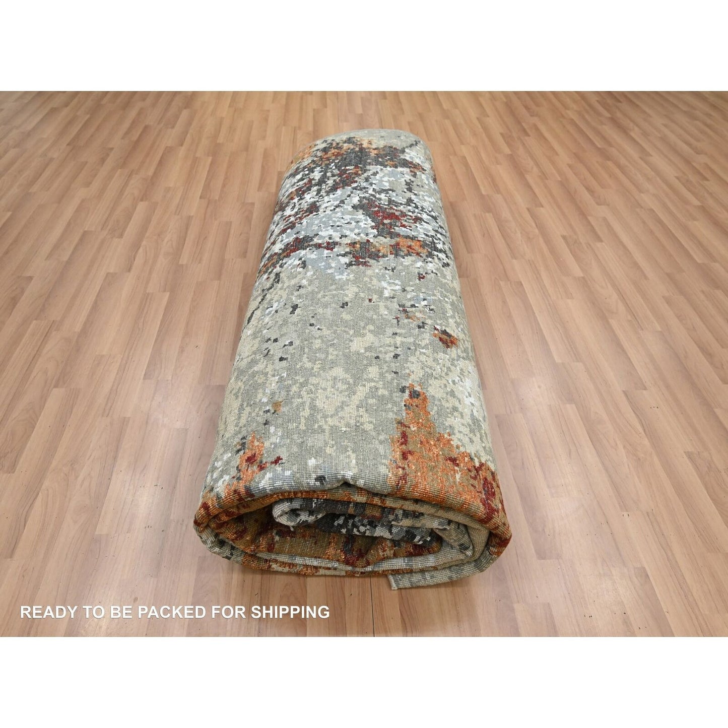 9'X12'2" Beige With Rust Pure Wool Abstract Design Hand Knotted Rug