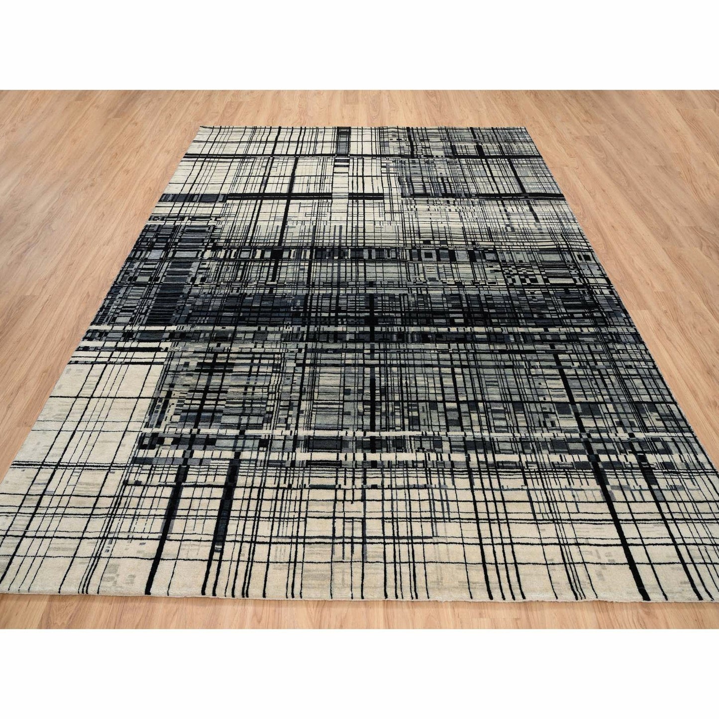 8'2"X9'9" Black Modern Lines Design Ghazni Wool Hand Knotted Rug