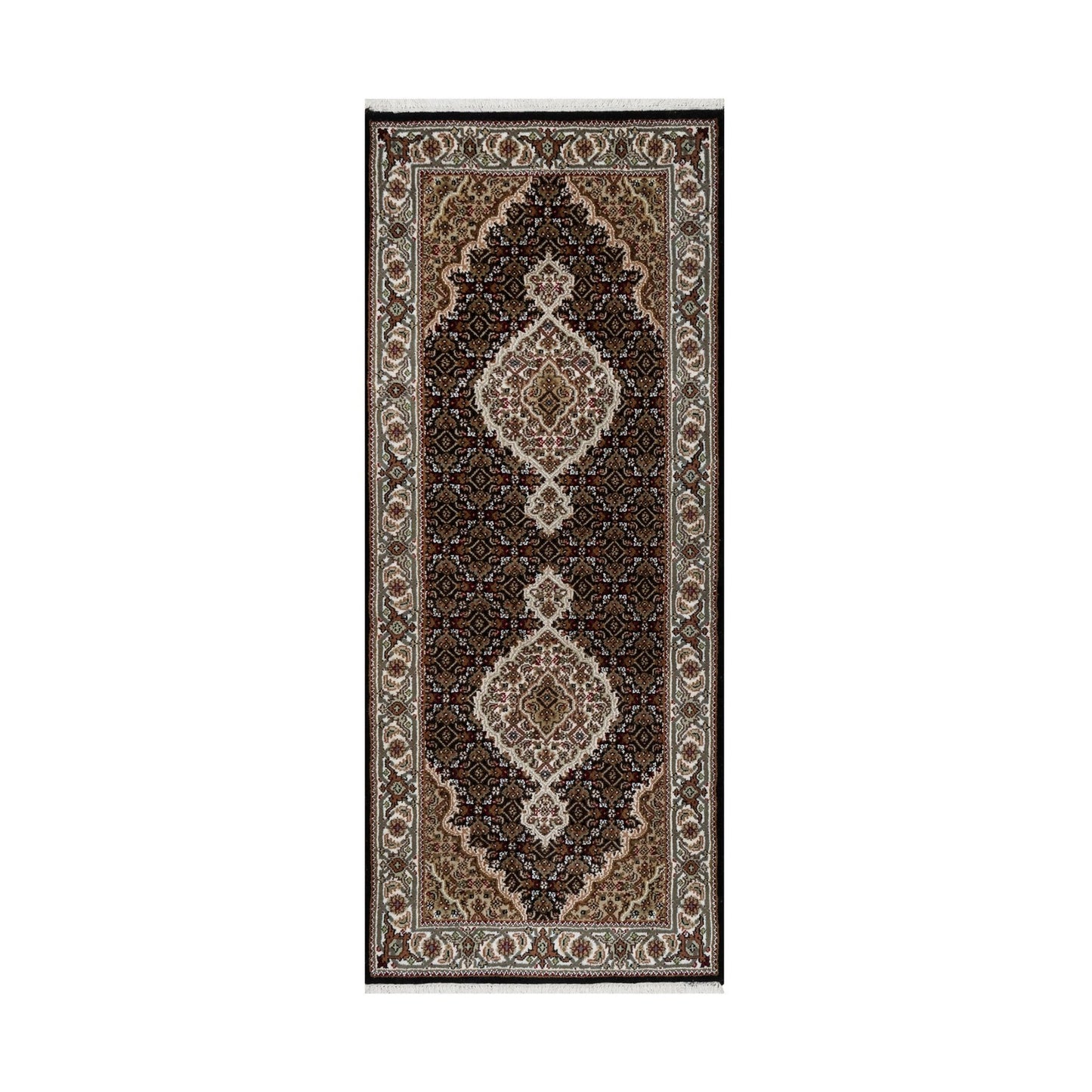 2'7"X6'3" Black Hand Knotted Tebraz Mahi Fish Design Pure Wool Runner Rug