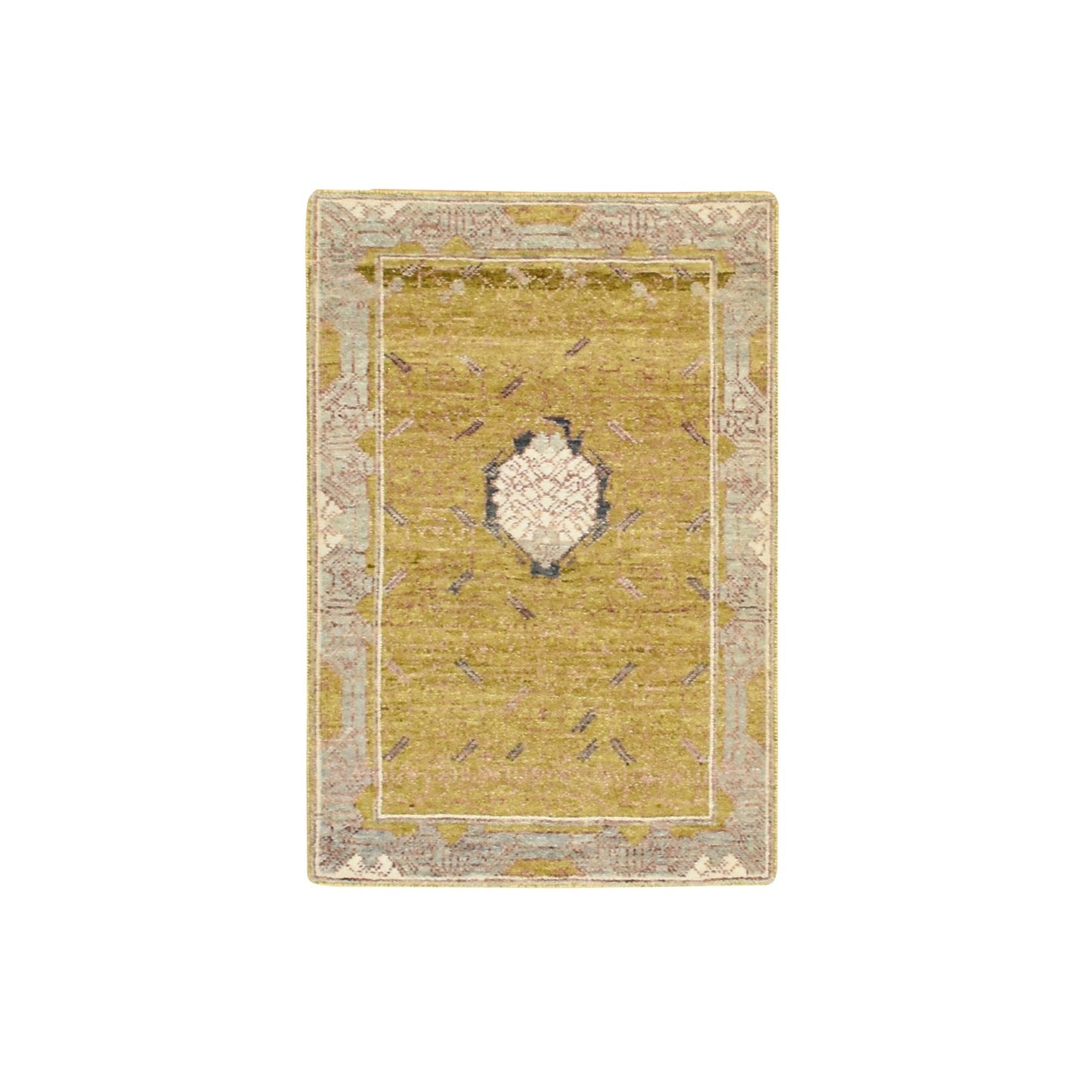 2'1"X3'1" Golden Yellow Pinecone Design Hand Knotted Pure Wool Mat Rug