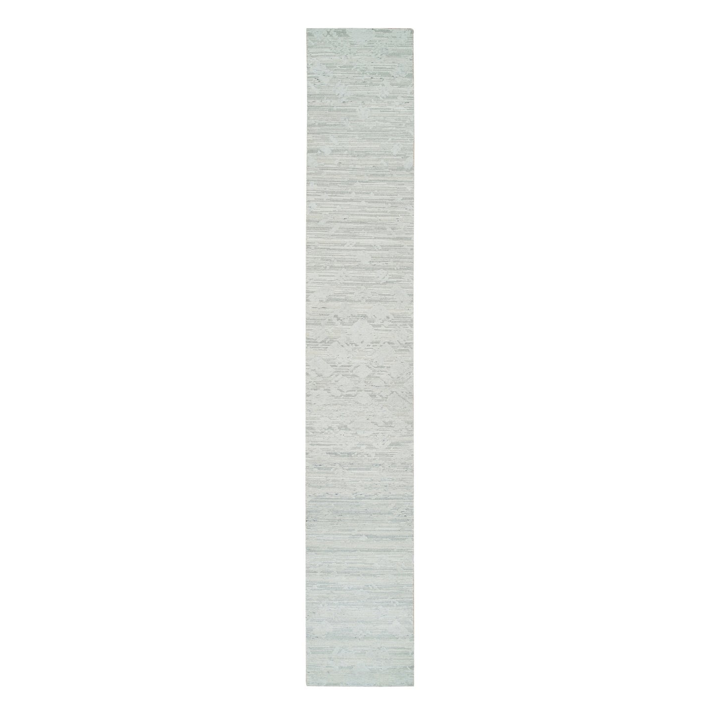2'6"X16' Ivory And Light Grey Undyed Hand Knotted Xl Runner Oriental Rug