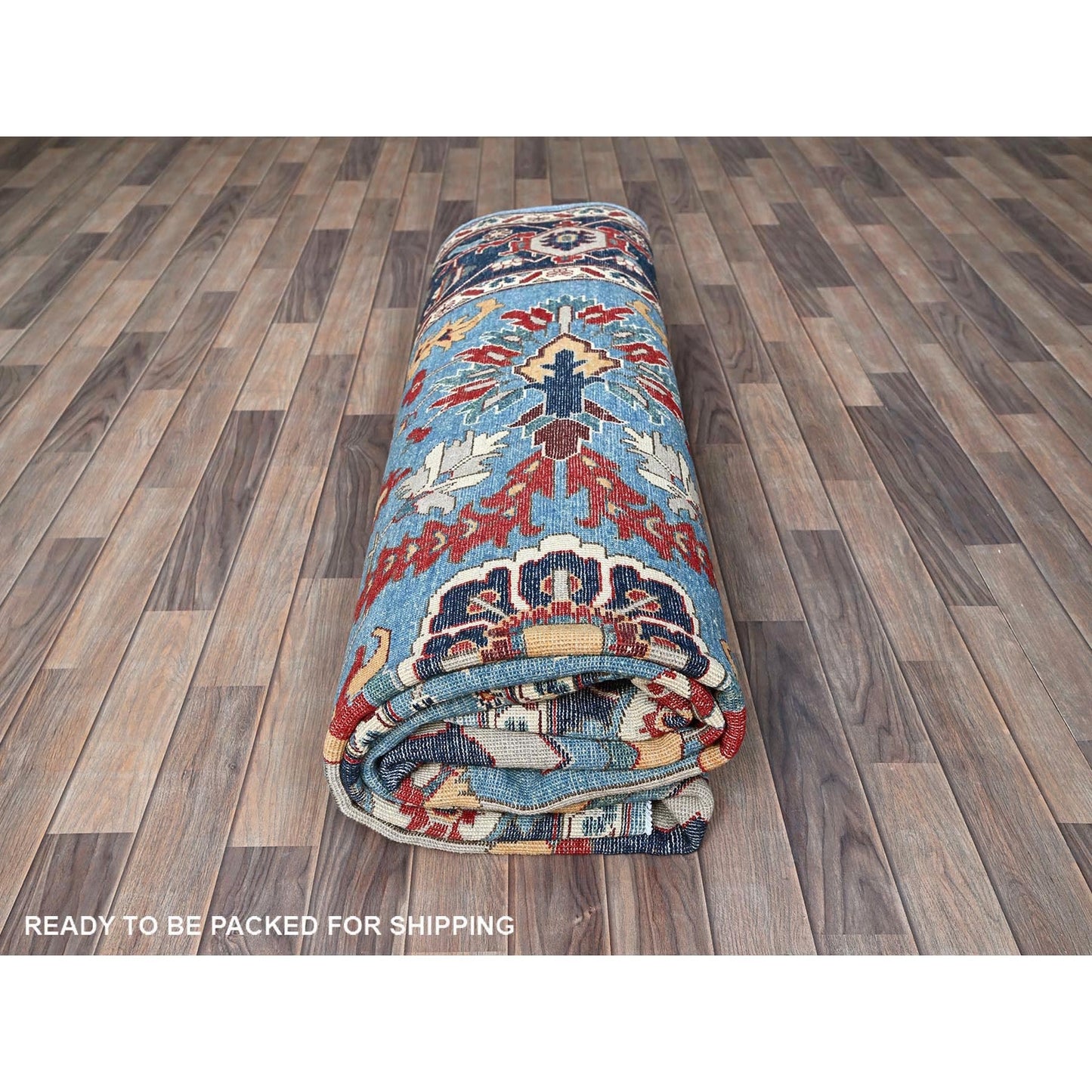 9'2"X11'8" Blue Peshawar With Heris All Over Design Wool Hand Knotted Rug