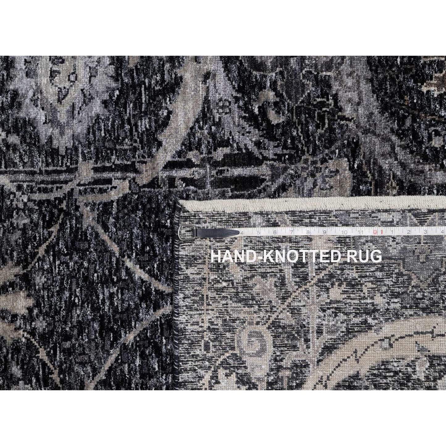 4'10"X7' Phantom Black Hand Knotted Sickle Leaf Design Wool And Silk Rug