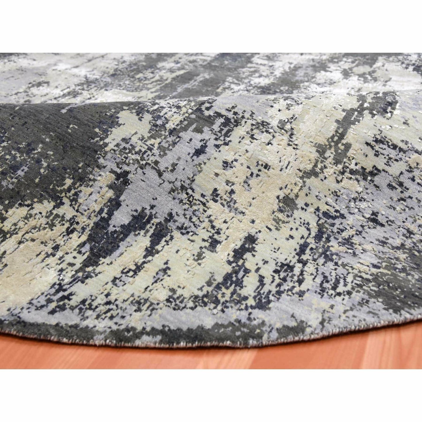 10'X10' Charcoal Gray Wool And Silk Denser Weave Hand Knotted Round Rug