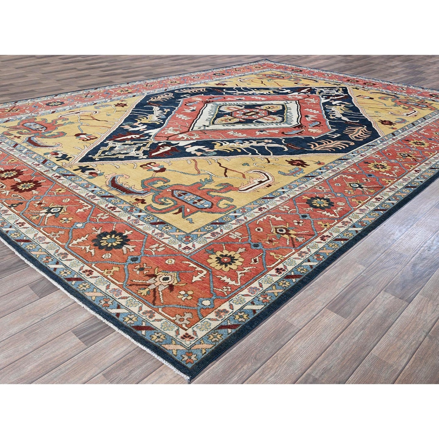 10'X13'10" Yellow Peshawar With Seeripe Heris Design Hand Knotted Wool Rug