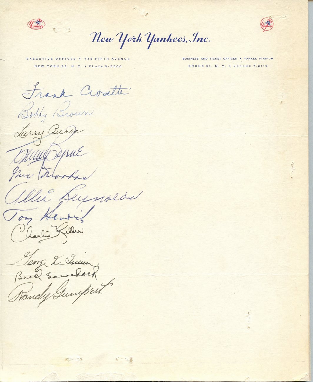 1948 New York Yankees Letterhead Team Signed/Autographed By 11 Berra Hof 167201