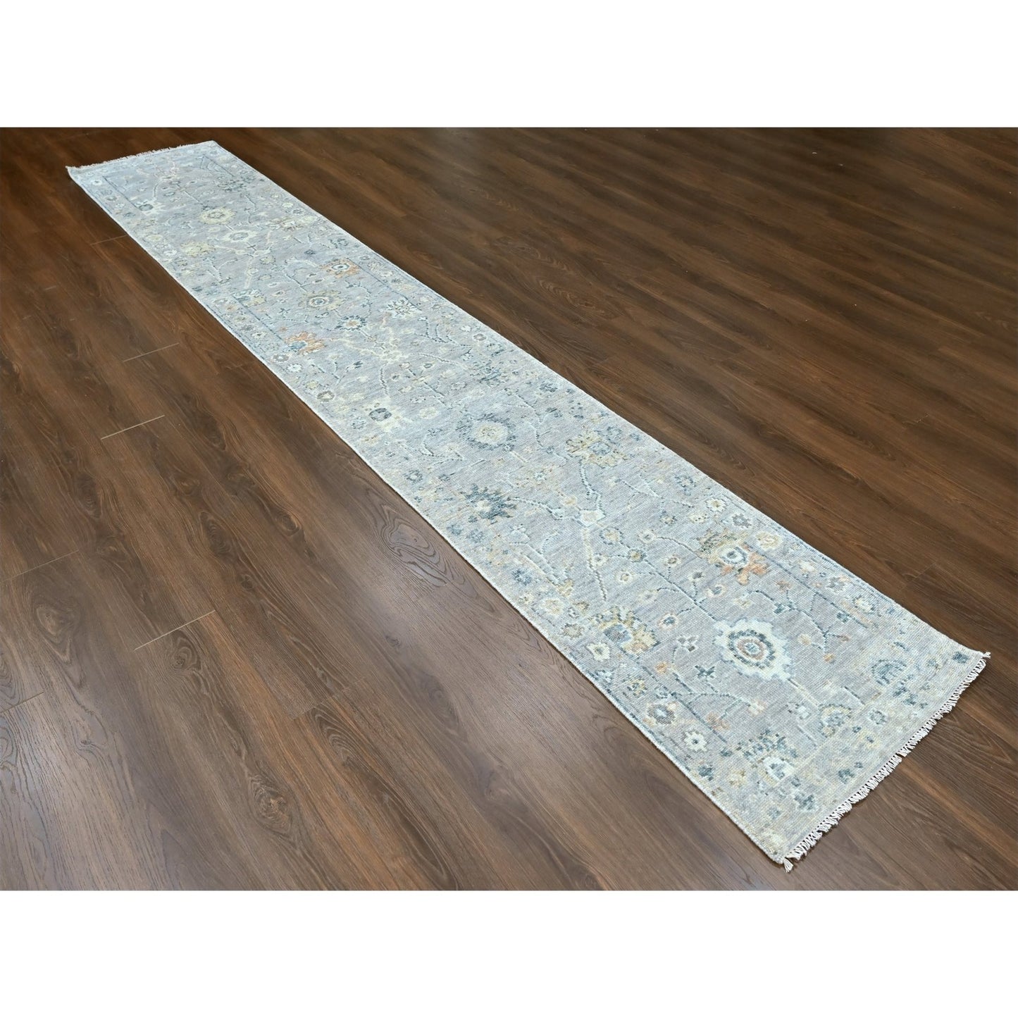 2'5"X13'10" Pastel Gray Oushak Design Hand Knotted Pure Wool Runner Rug