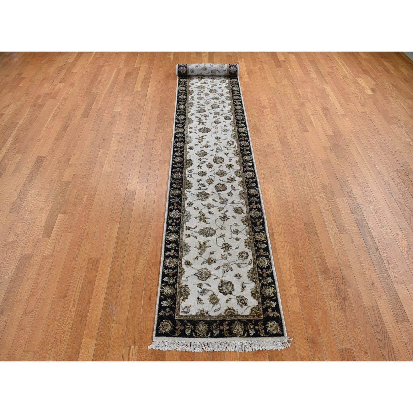 2'7"X16' Ivory Half Wool And Half Silk Runner Rajasthan Hand Knotted Rug