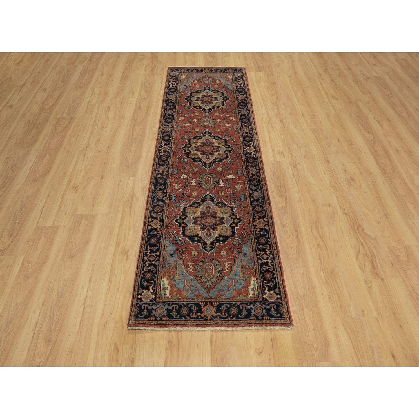 2'6"X8'3" Red Antiqued Heriz Re-Creation All Wool Hand Knotted Runner Rug
