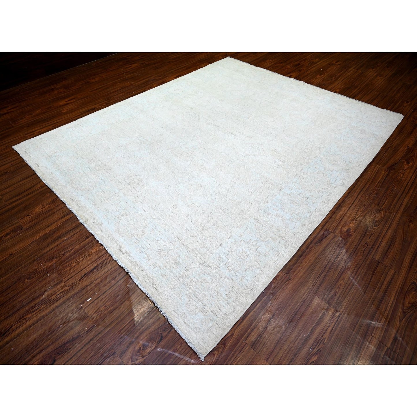 8'X9'8" Cream Hand Knotted White Wash Peshawar Extra Soft Wool Rug