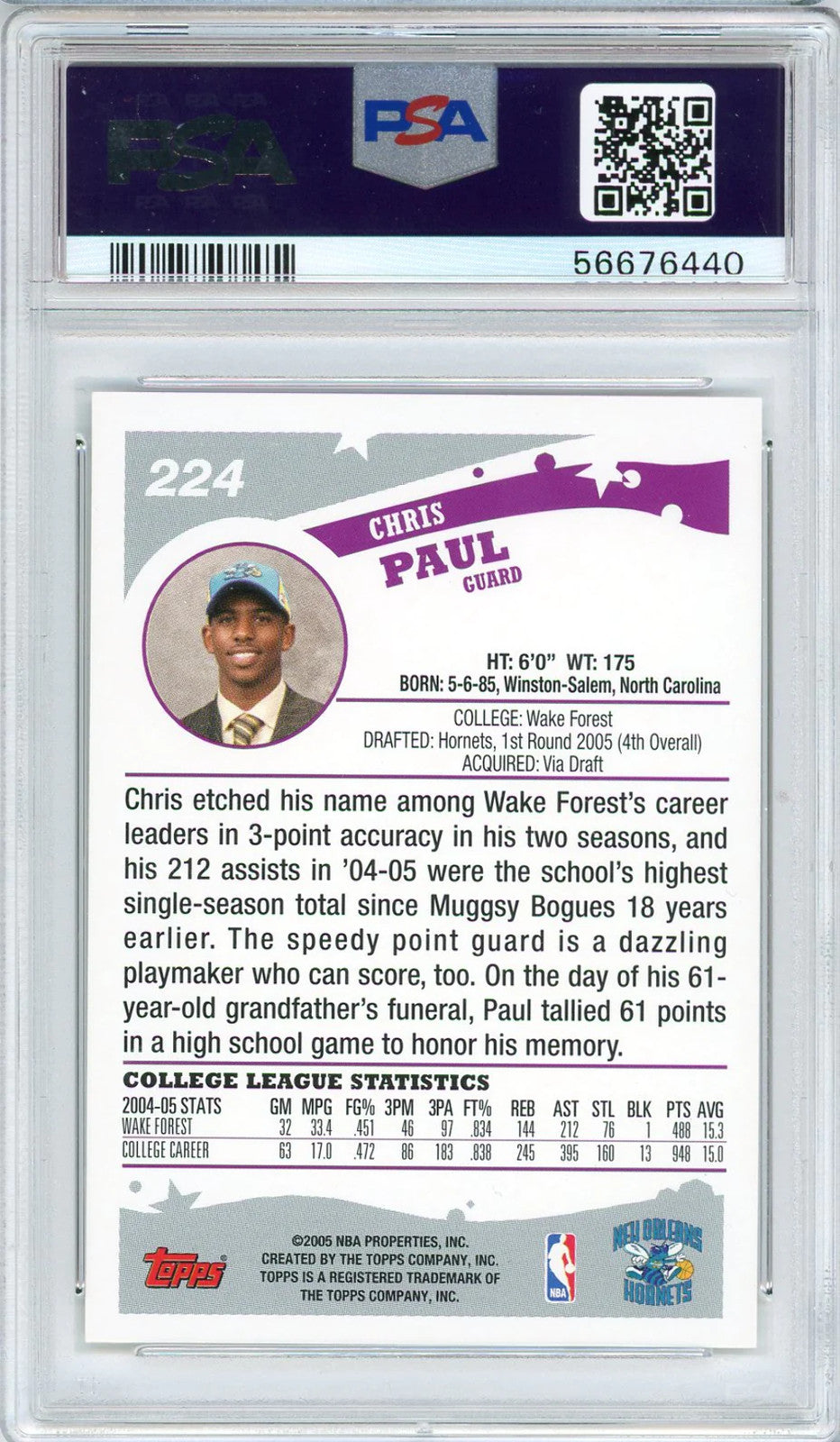 Chris Paul 2005 Topps Rookie Card #224 (Psa Mint 9)