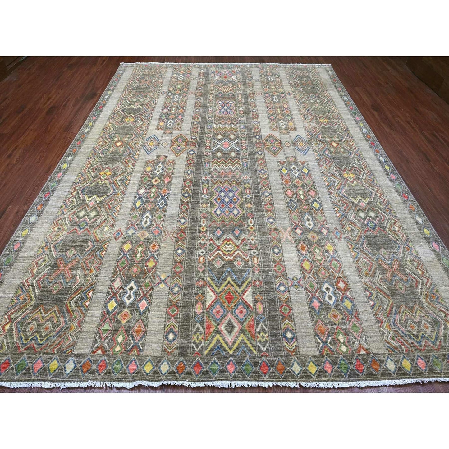 9'X11'8" Gray Moroccan Berber Influence Pattern All Wool Hand Knotted Rug