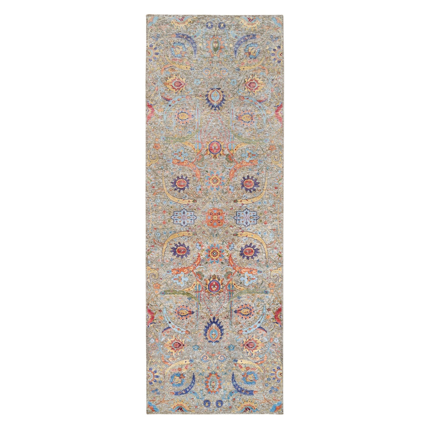 4'1"X12'2" Tan Sickle Design Silk And Wool Hand Knotted Wide Runner Rug