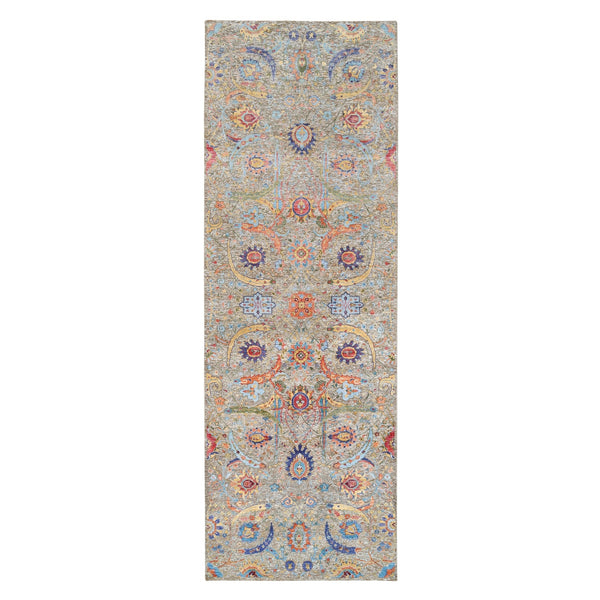 4'1"X12'2" Tan Sickle Design Silk And Wool Hand Knotted Wide Runner Rug