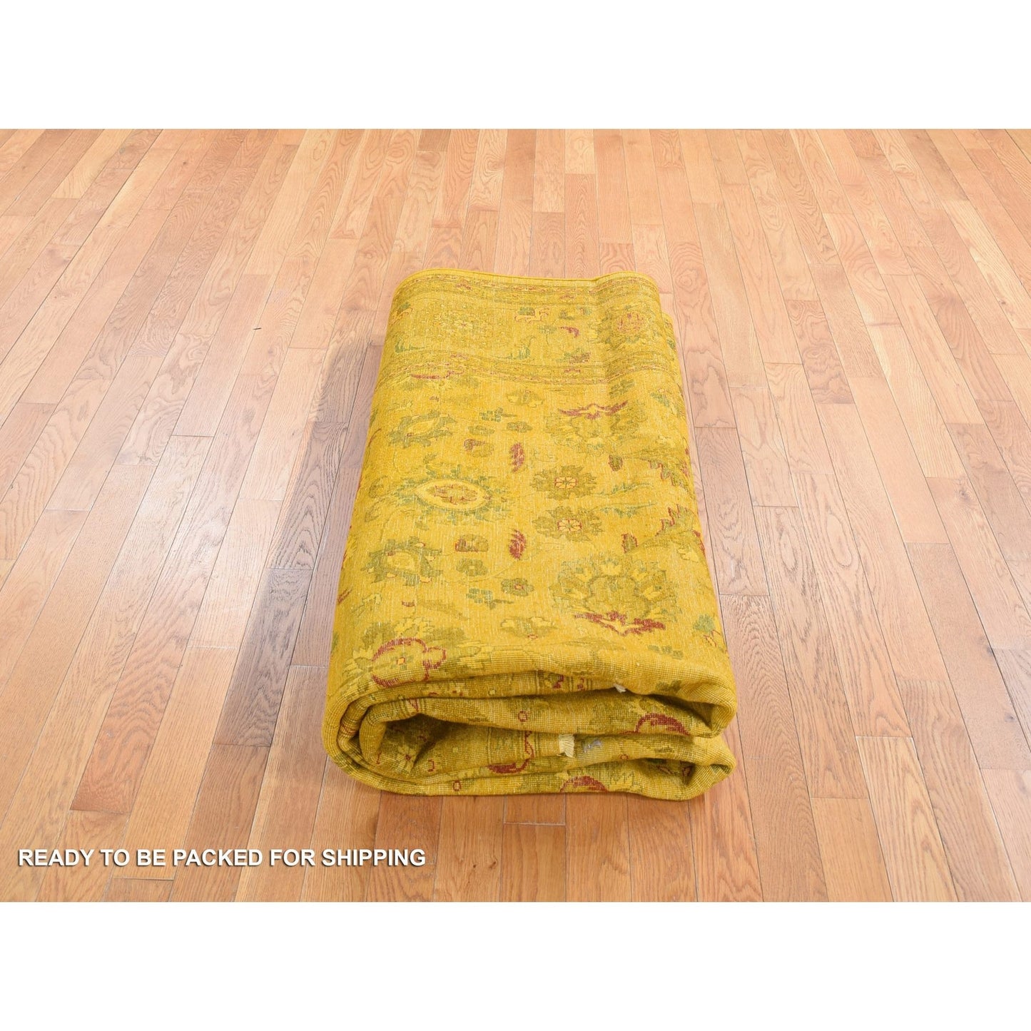 8'2"X10'1" Golden Overdyed Zoroastrian Design Wool Hand Knotted Rug
