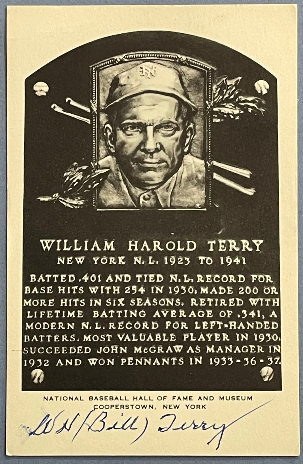 Wh Bill Terry Autographed Hall Of Fame Plaque Postcard