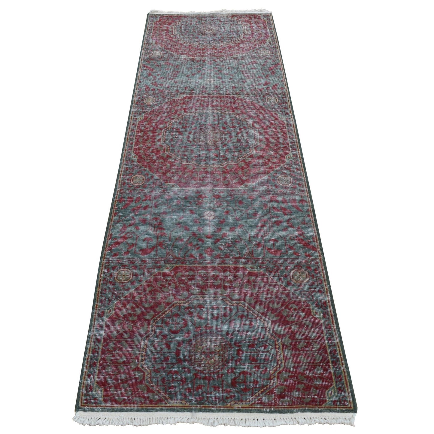 2'6"X9'10" Green Vintage Look Mamluk Worn Wool Hand Knotted Runner Rug