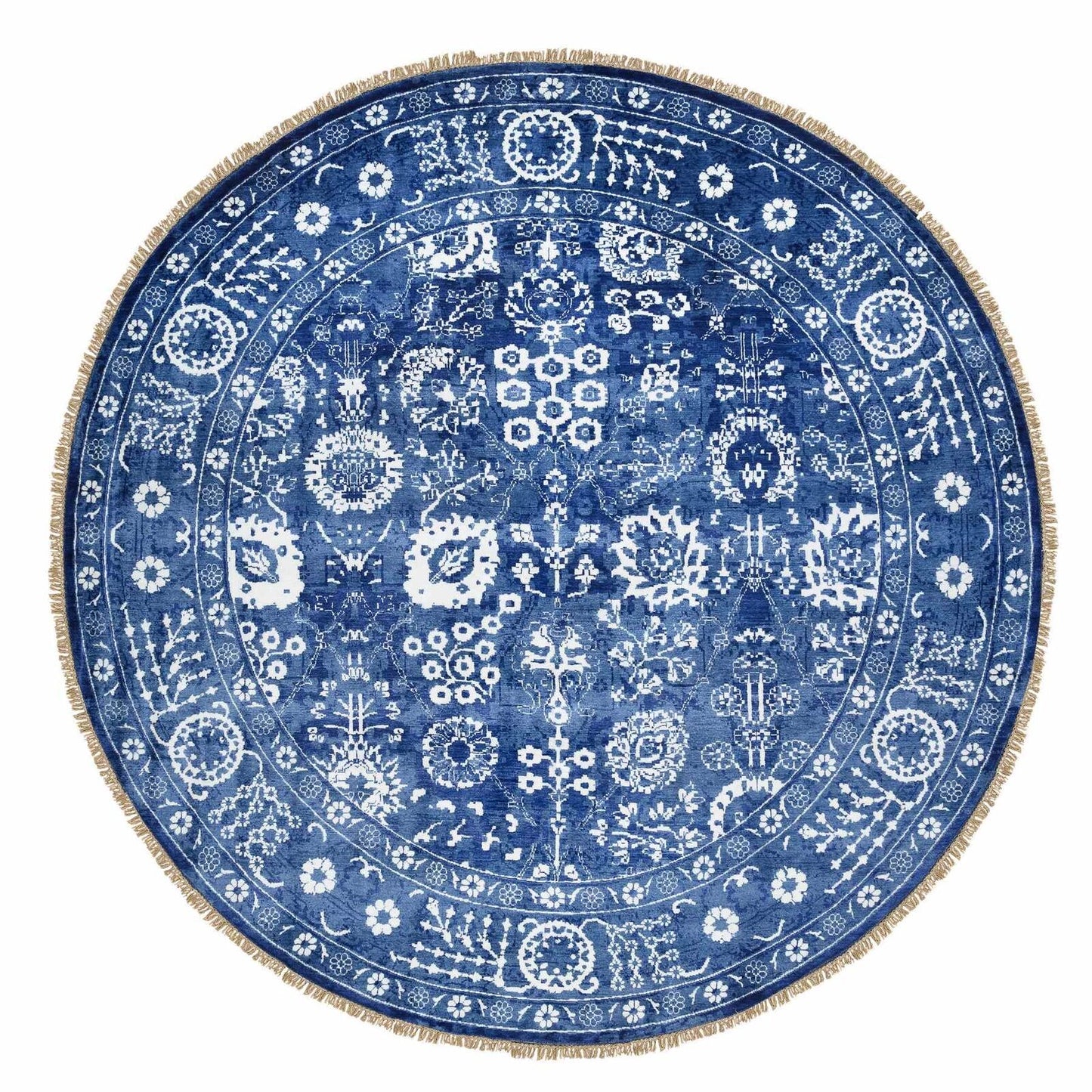 10'2"X10'2" Denim Blue Tebraz Wool And Silk Hand Knotted Round Rug