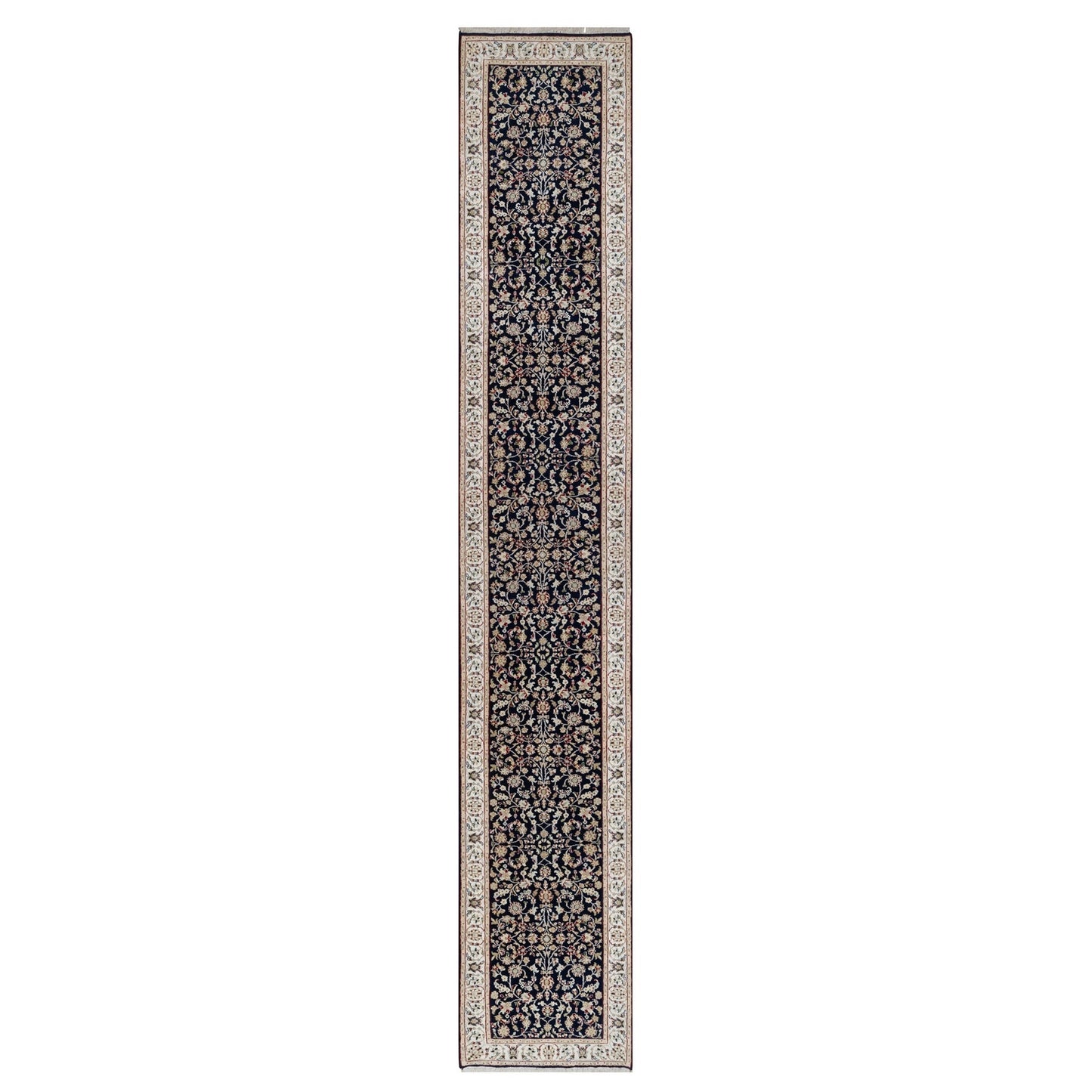 2'7"X16' Blue Nain Floral Design Wool And Silk Hand Knotted Runner Rug