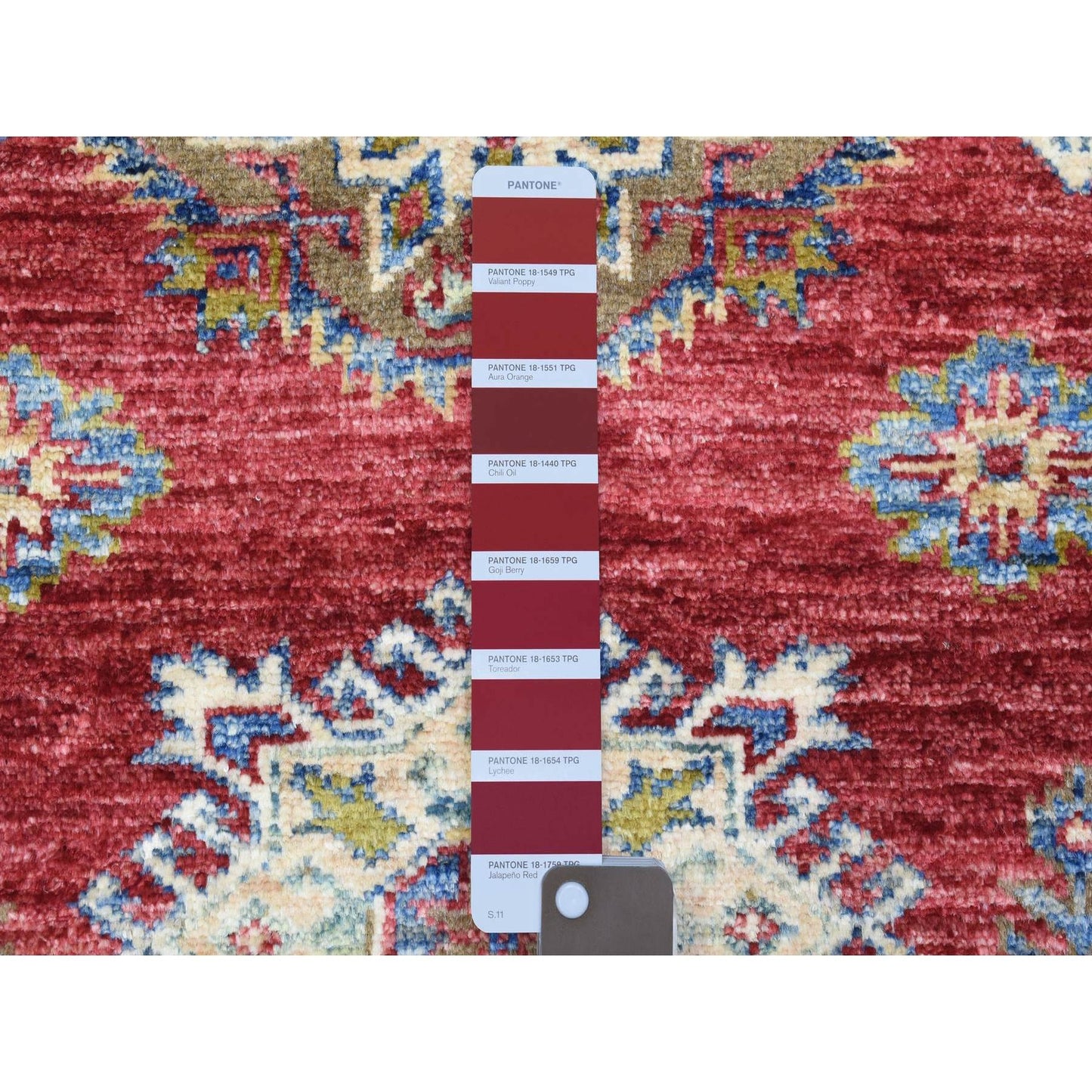 3'1"X11' Rich Red Hand Knotted Kazak Geometric Medallions Wool Runner Rug