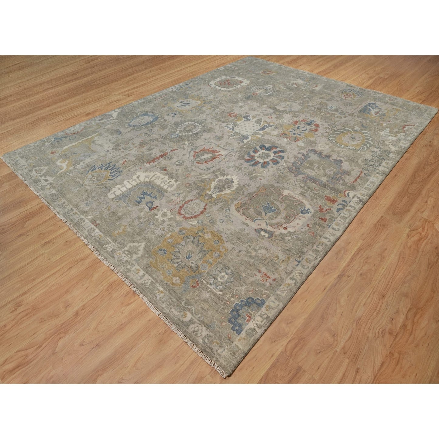 9'X12'1" Gray Broken Pattern Oushak Design Hand Knotted Rug Pure Wool
