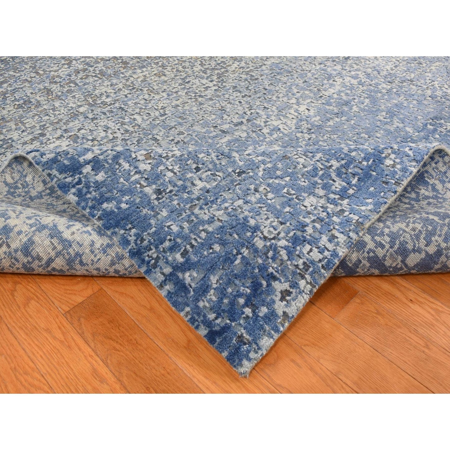 10'X14' Yale Blue Wool And Silk Modern Gradation Design Hand Knotted Rug