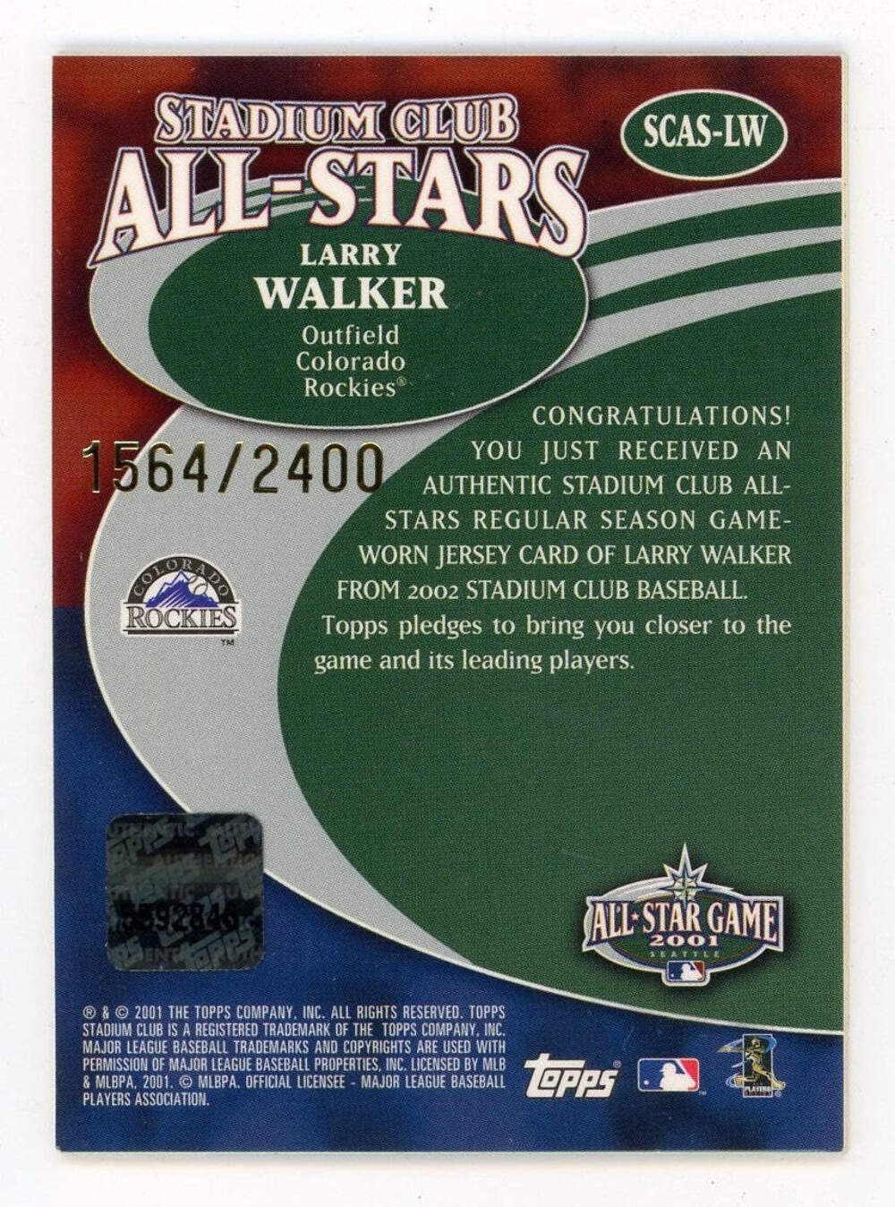 Larry Walker 2001 Topps Stadium Club All-Stars #Scas-Lw Card 1564/2400