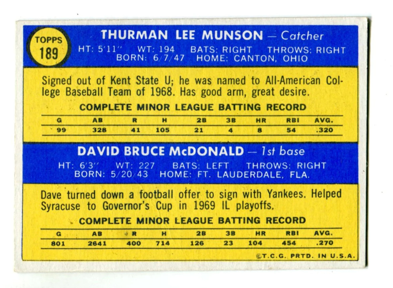 Thurman Munson & Dave Mcdonald 1970 Yankee Stars Topps #189 Card