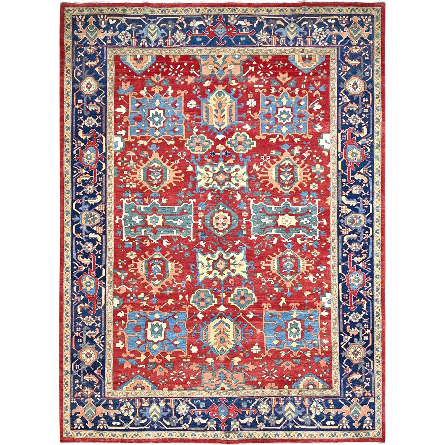 9'10"X13'1" Ruby Red Hand Knotted Wool Seeripe Heris Design Oriental Rug
