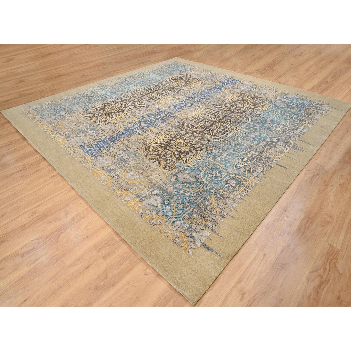12'2"X12'2" Gold Brown Silk With Wool Hand Knotted Saroogh Square Rug