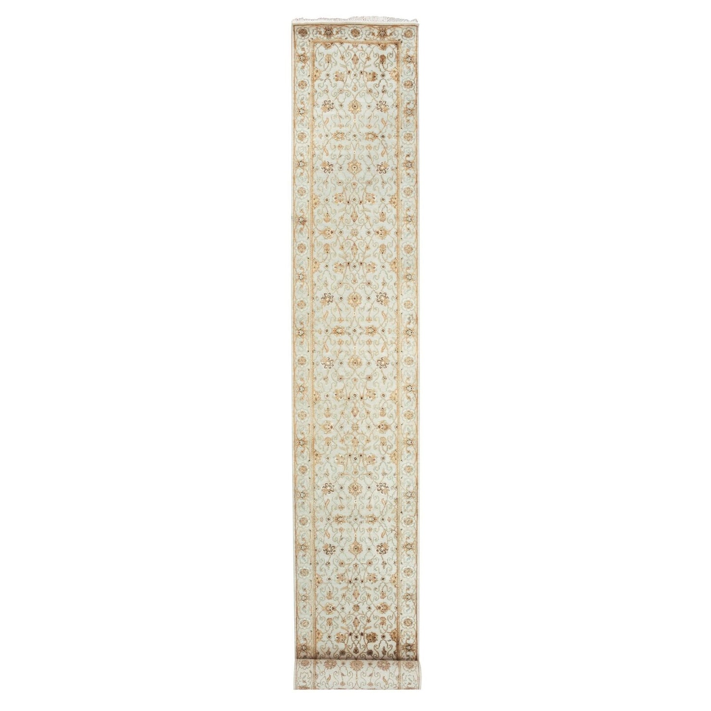 2'7"X20'7" Egret White Silk And Wool Hand Knotted Rajasthan Xl Runner Rug