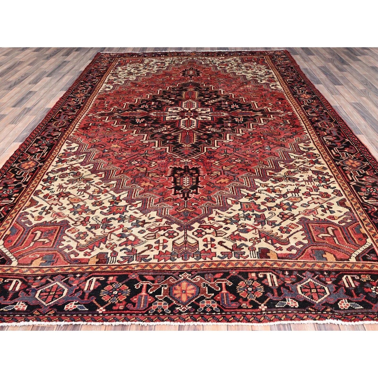 8'3"X12' Red And Ivory Spandrels Shiny Wool Hand Knotted Zoroastrian Rug