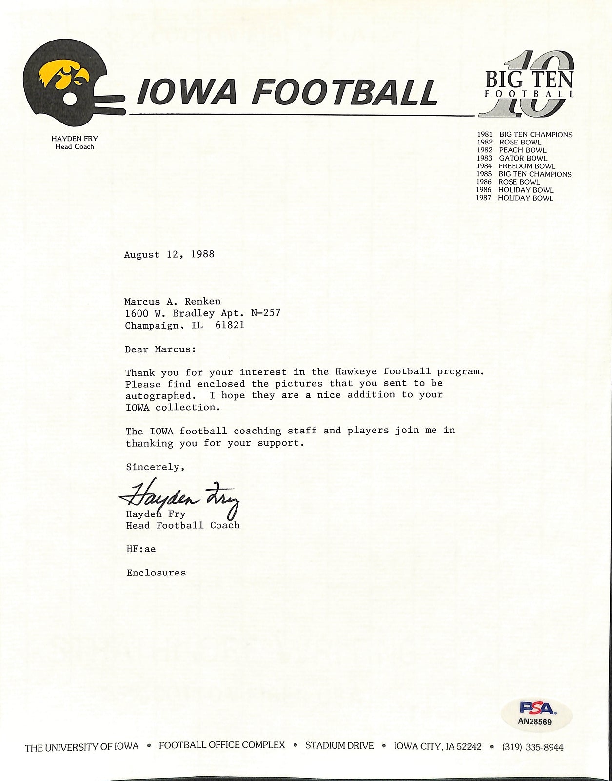 Hayden Fry Football Coach Signed Tls Letter