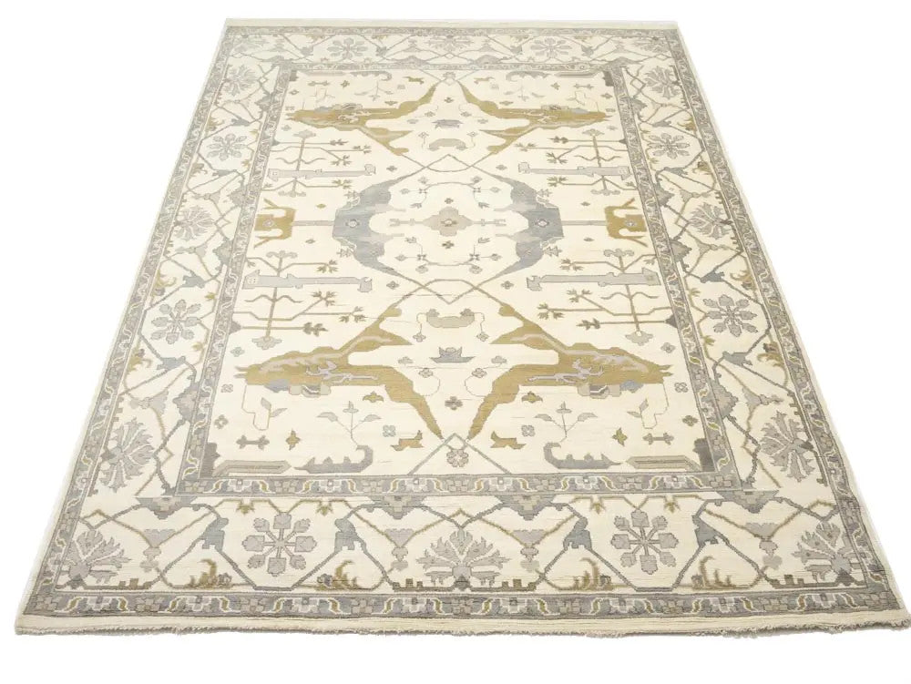 Hand-Knotted Oushak Oriental Rug Floral Dining