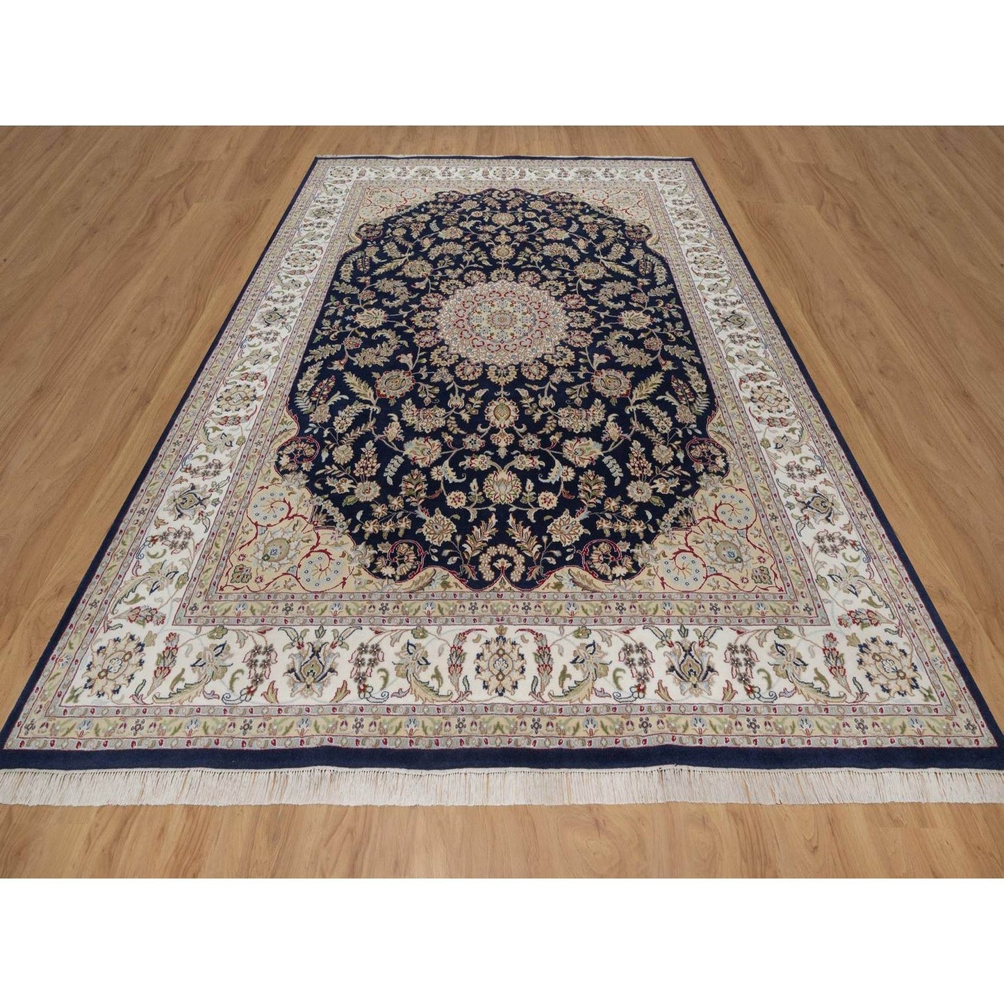 9'X12'2" Midnight Blue Nain Flower Design Wool And Silk Hand Knotted Rug