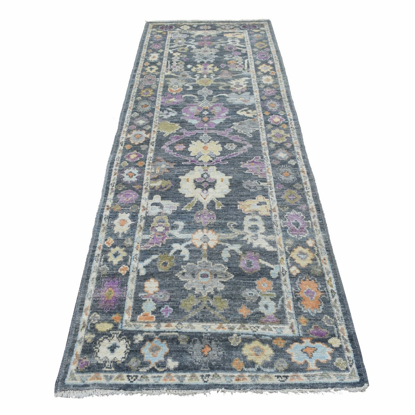 3'3"X10' Hand Knotted Charcoal Black Angora Oushak Wool Wide Runner Rug